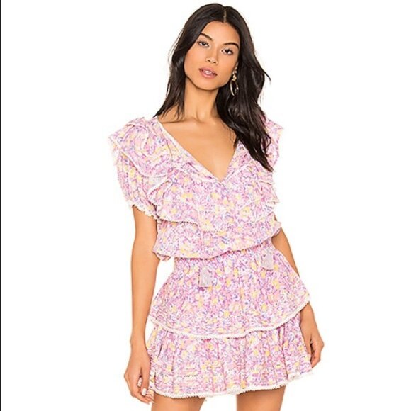 Womens LoveShackFancy Lilac Pink Floral Tiered Mini Popover Liv Dress XS - Picture 1 of 12